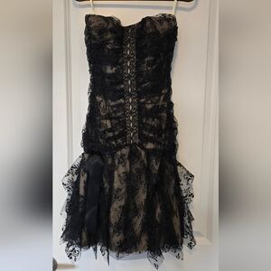 Jessica McClintock Black Lace Over Nude Strapless Cocktail Dress